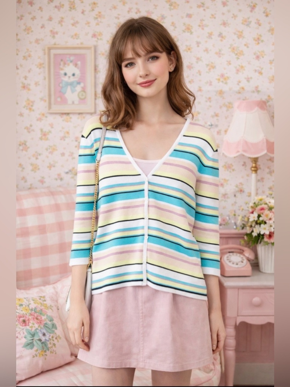 Colorful Twee Hampshire Studio Striped Cottan V-neck Cardigan Size Large